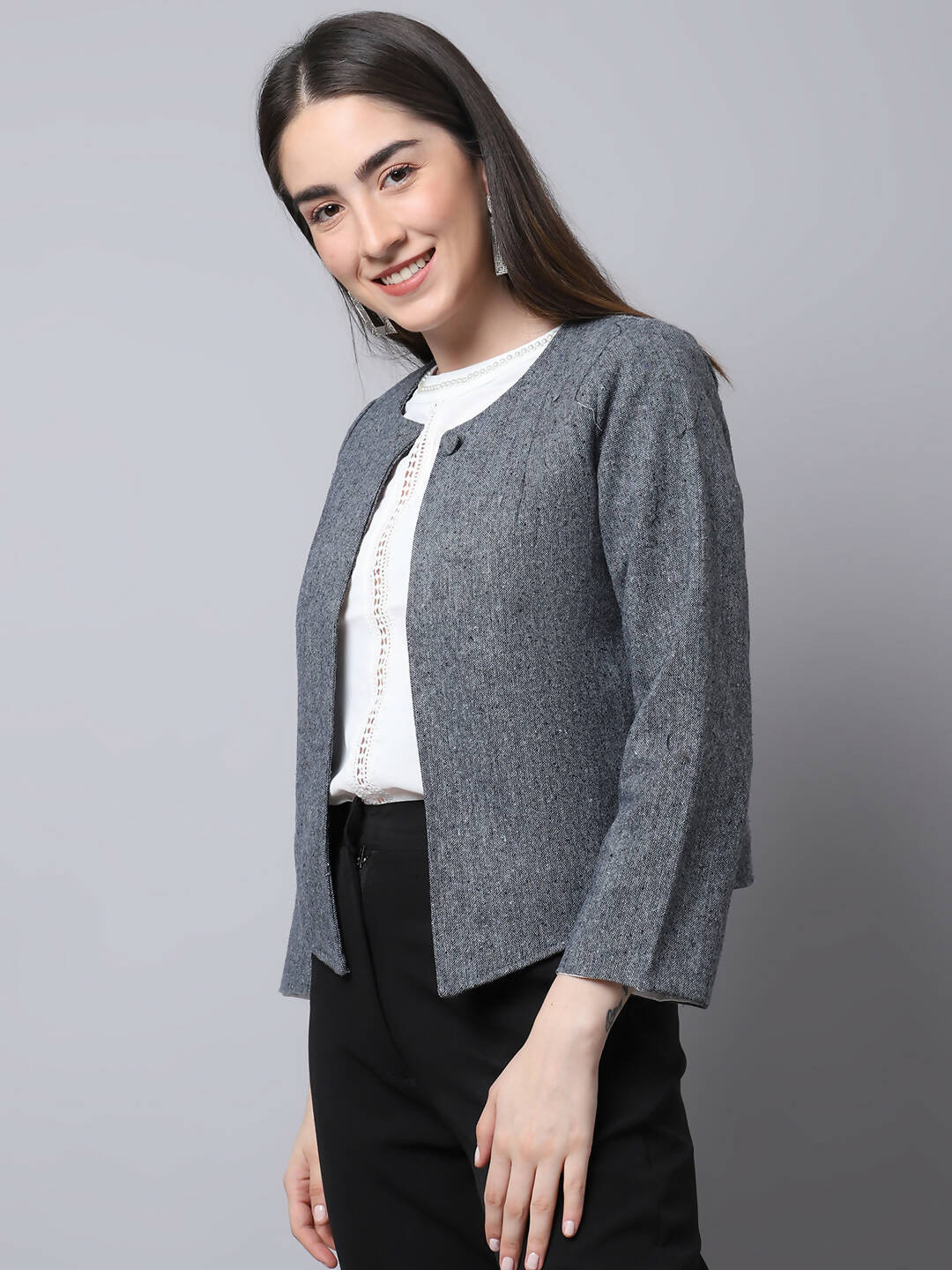 Even Apparels Grey Pure Wool Open Front Statement Jacket