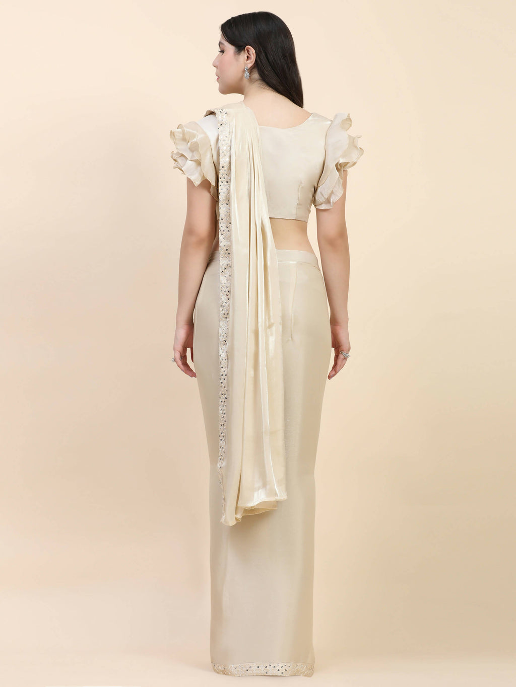 Beige Silk Satin Sequence Work Ready to Wear Saree with stitched Blouse - Nirvana