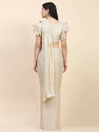 Beige Silk Satin Sequence Work Ready to Wear Saree with stitched Blouse - Nirvana