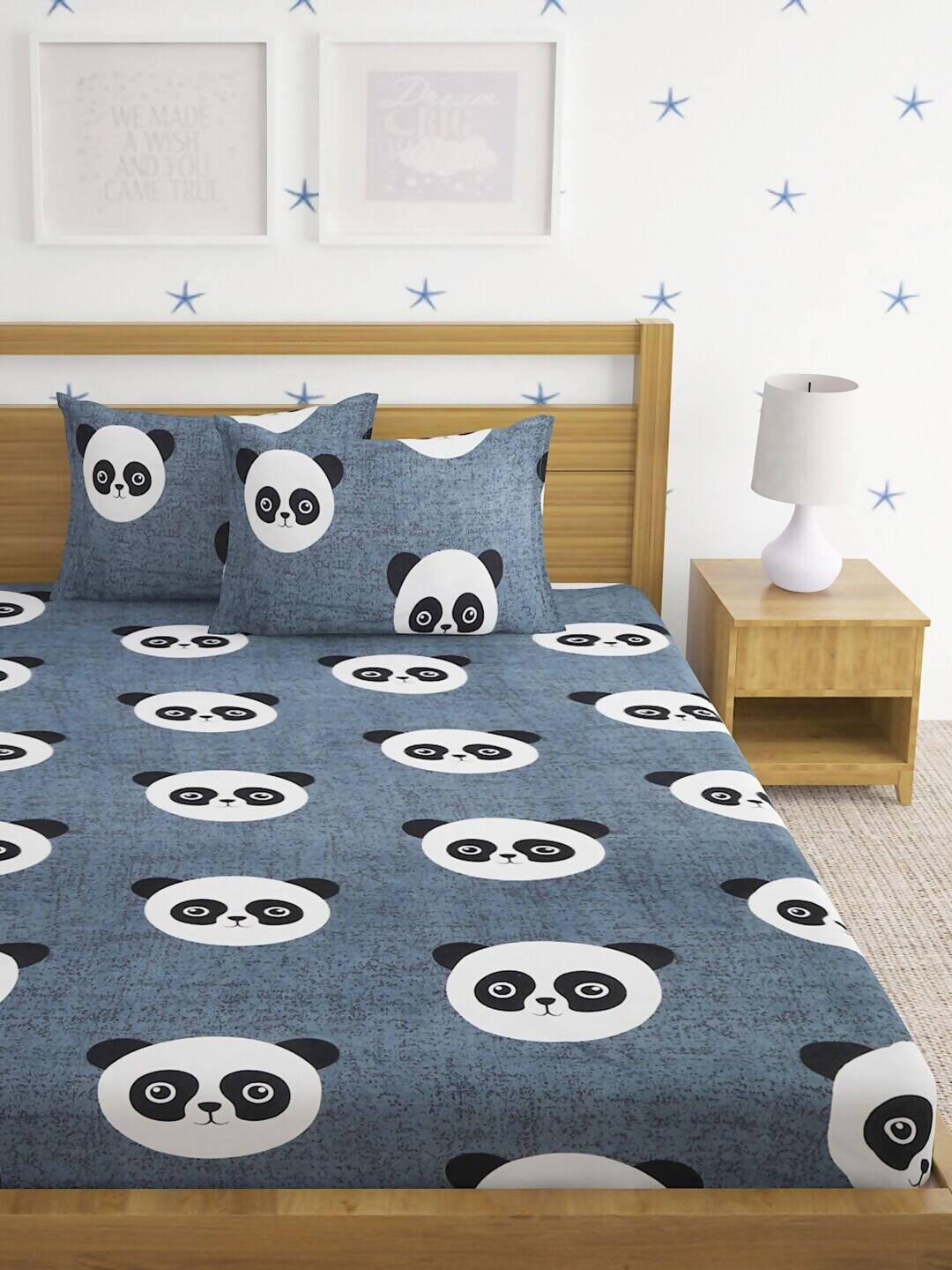 Home Sizzler Grey & White Panda 210 TC Bedsheet with Pillow Cover - Distacart