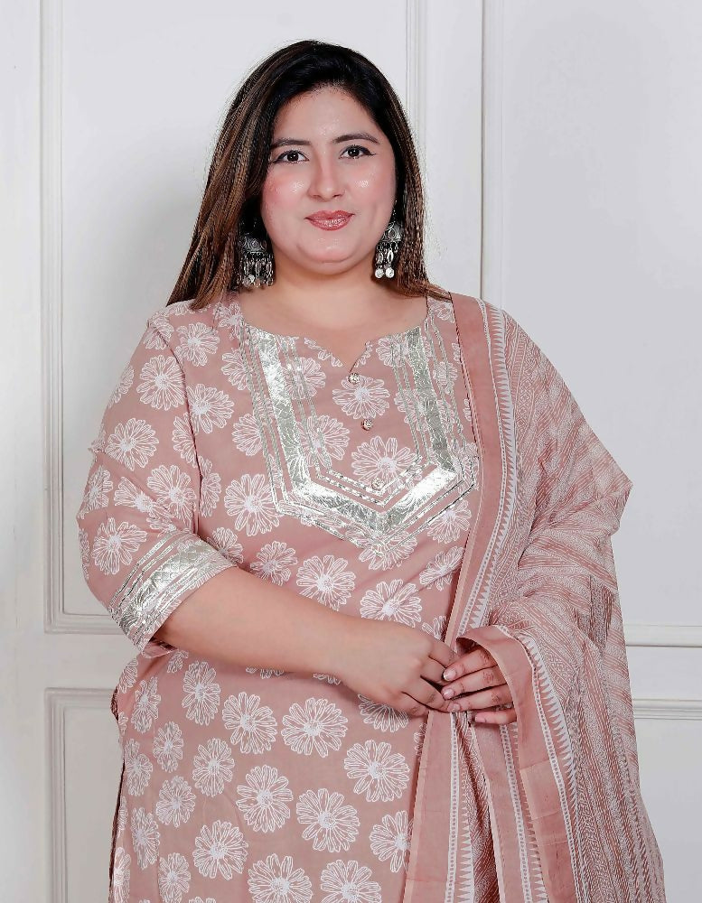 Miravan Plus Size Women Brown Floral Printed Cotton Straight Ethnic Kurta With Palazzo And Dupatta - Distacart
