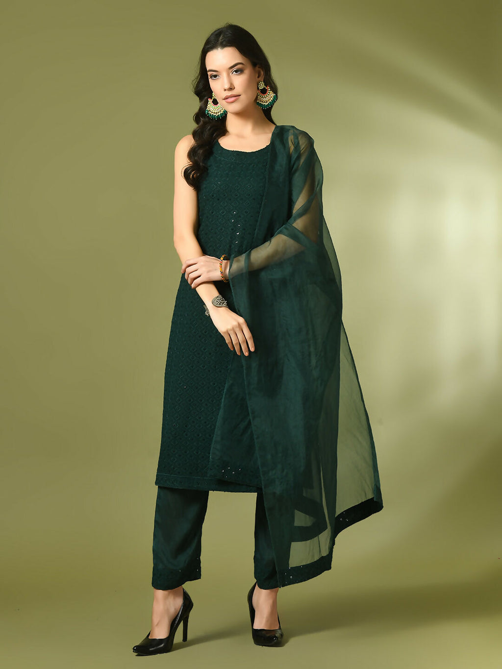 Myshka Women's Green Embroidered Cotton Straight Party Kurta Set With Dupatta