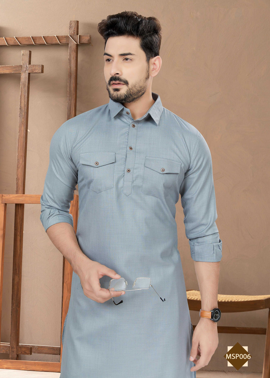 Joban Fashion Men's Grey Heavy Cotton Plain Kurta Pyjama set