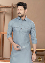 Joban Fashion Men's Grey Heavy Cotton Plain Kurta Pyjama set