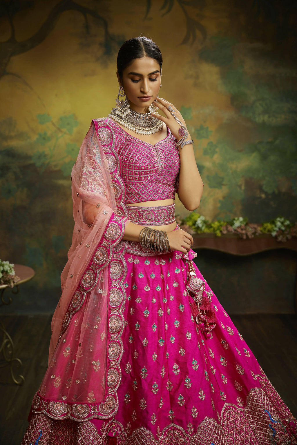 House of Panchhi Pink Pure Silk Moti & Zarkan heavy embroidery Lehenga choli & Dupatta