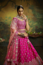 House of Panchhi Pink Pure Silk Moti & Zarkan heavy embroidery Lehenga choli & Dupatta
