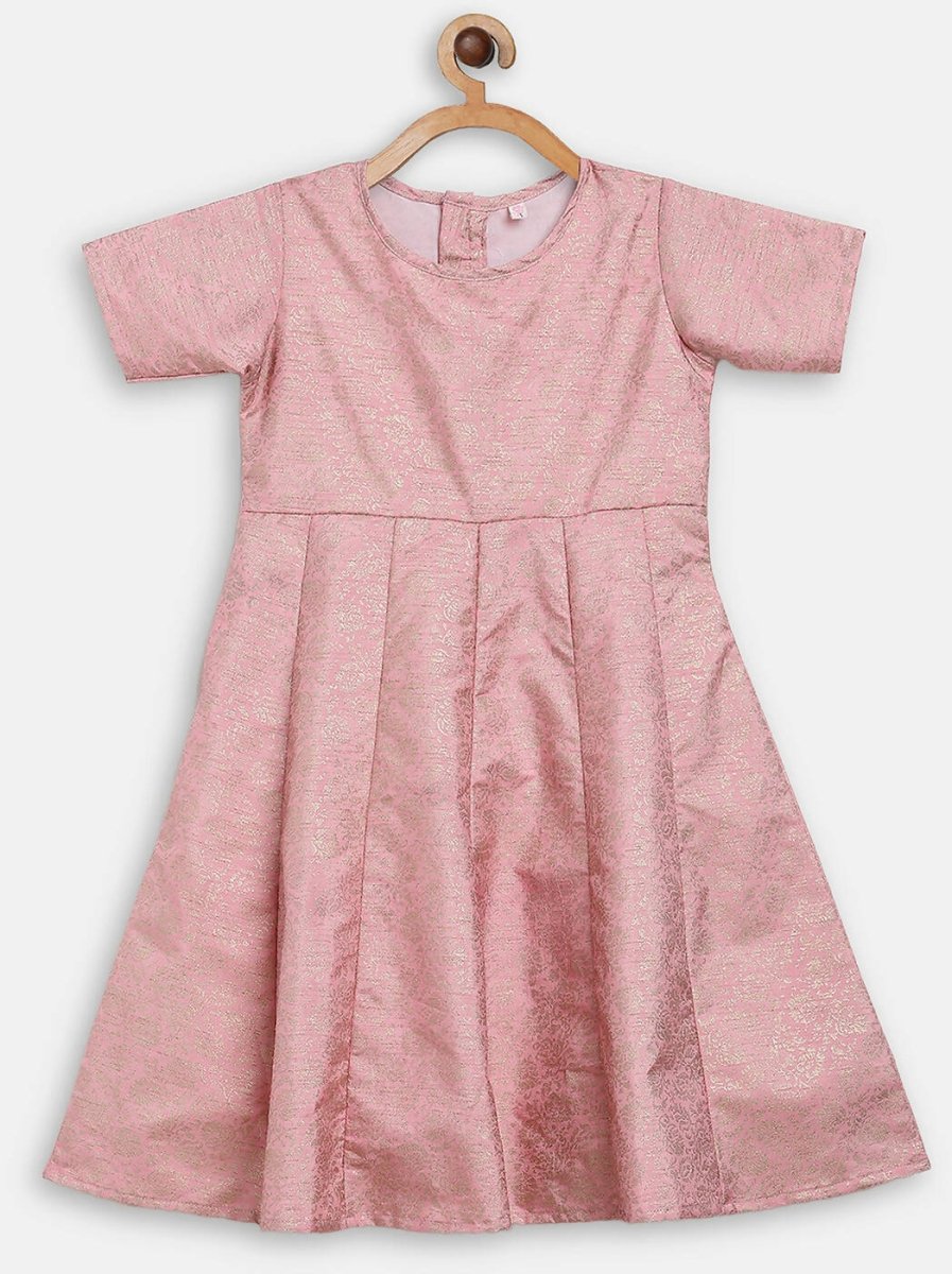Ahalyaa Pink Poly Silk Gold Print Girl's Kids Dress For Girls