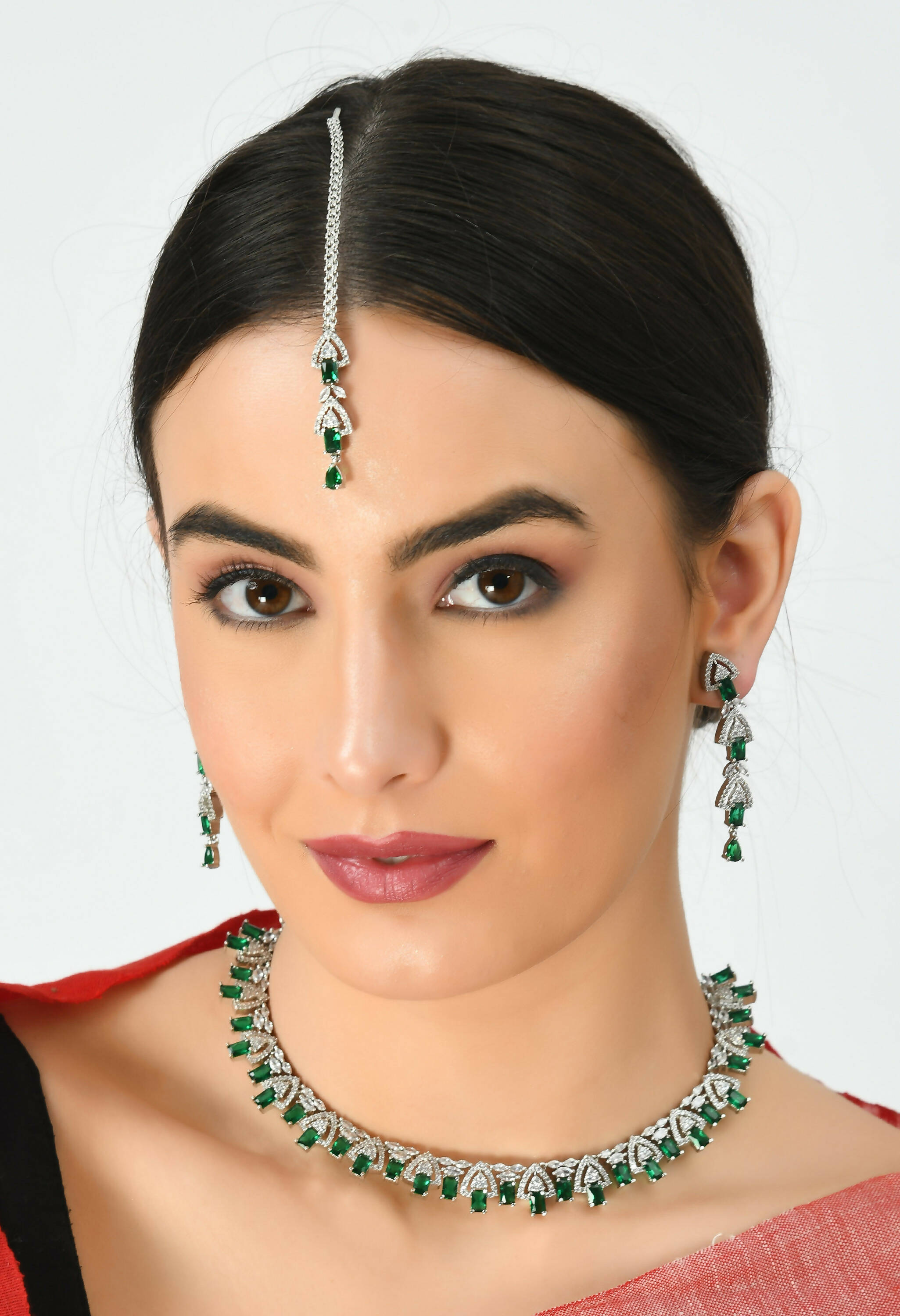 Mominos Fashion Johar Kamal Silver-Plated American Diamond Green Choker Set - Distacart