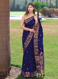 DEIANA'S Beautiful Designer Golden zari Soft Lichi Silk Saree - Navy Blue