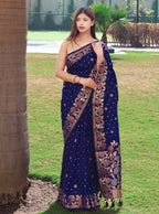 DEIANA'S Beautiful Designer Golden zari Soft Lichi Silk Saree - Navy Blue