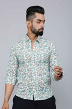 Miravan Men's Spread Collar White & Green Floral Print Slim Fit Shirt