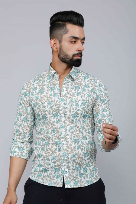 Miravan Men's Spread Collar White & Green Floral Print Slim Fit Shirt