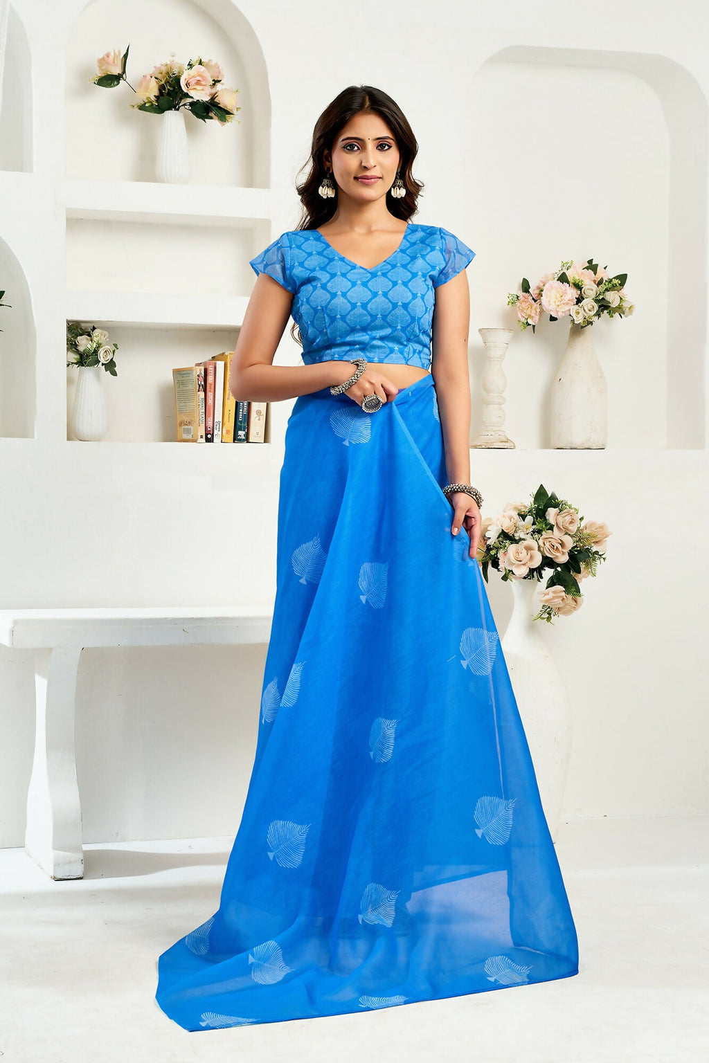 Vastranavya Blue Digital Printed Linen Ready To Wear Designer Saree with Unstitched Blouse - Distacart