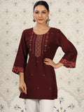 Maroon Chinon Embroidered Straight Top - Zeny