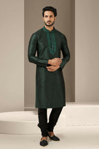 Raivat Ethnic Banarasi Art Silk Mirror Work Kurta Pajama In Dark Green Colour
