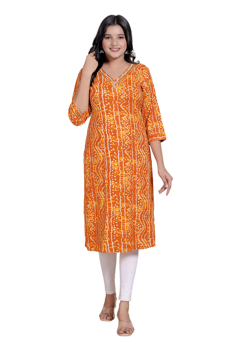 Miravan Womens Yellow Bandhani Printed Straight Kurti