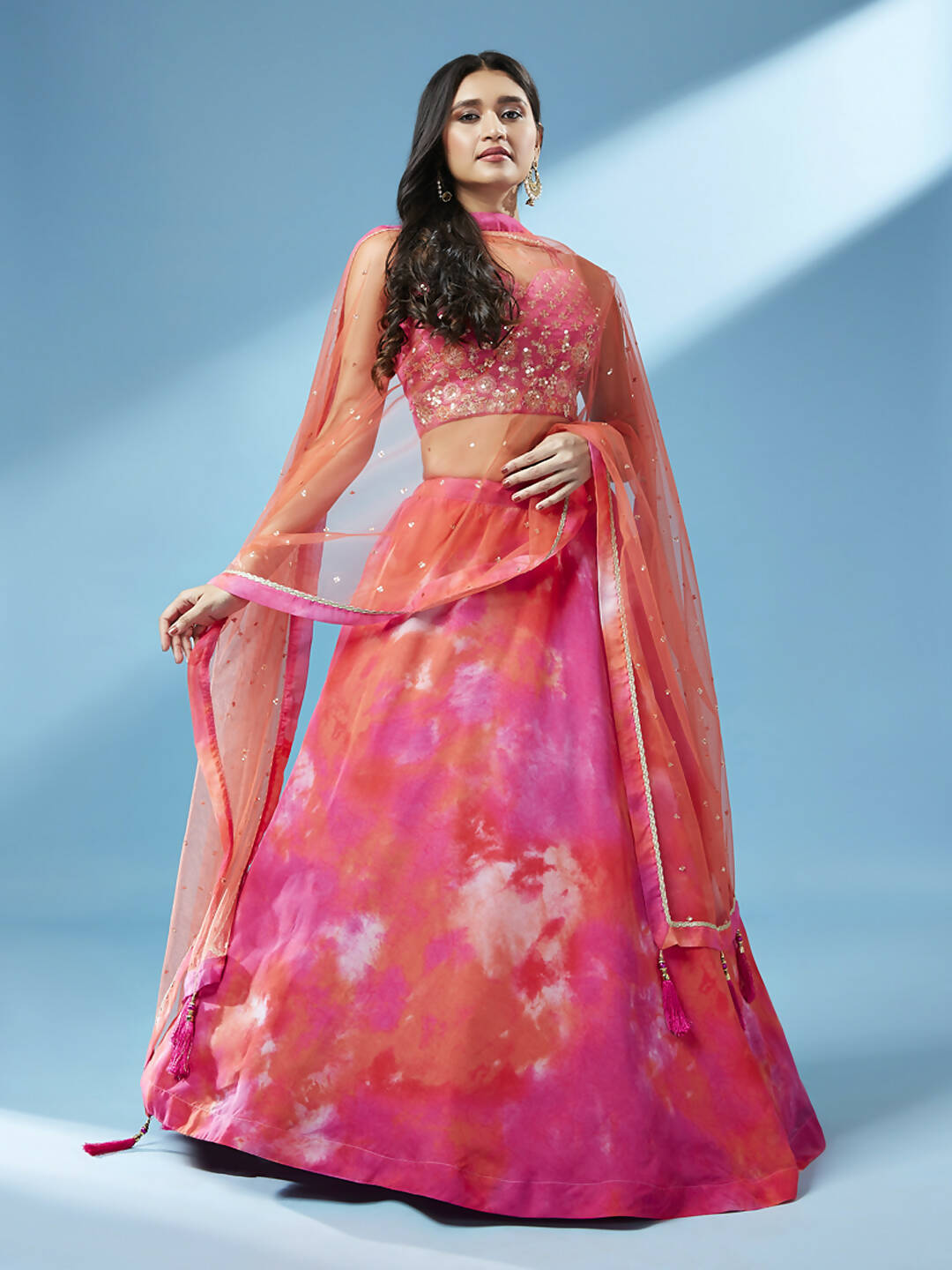 House of Panchhi Orange Organza Shibori Printed Lehenga choli & Dupatta