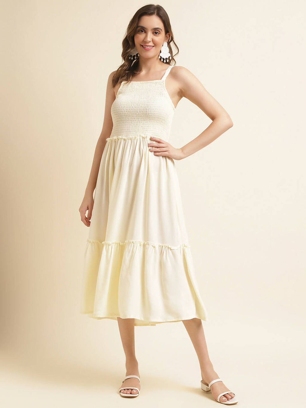 White Cotton Solid Flared Dress with Printed Shrug - Yukti - Distacart