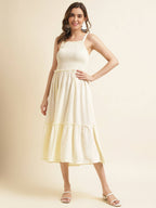White Cotton Solid Flared Dress with Printed Shrug - Yukti - Distacart