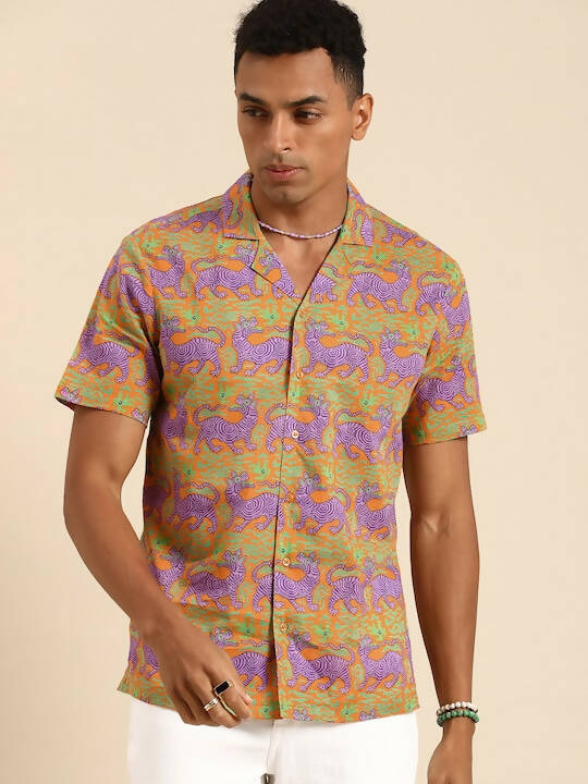 Orange Relaxed Opaque Printed Casual Resort Shirt - Mahotsav