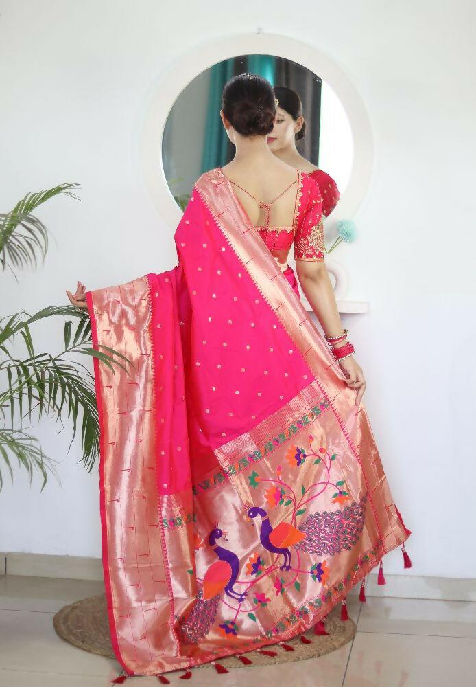 Pink Woven Jacquard Designer Embroidery Work Party Wear Saree - Parampara