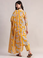 Aavyora Women Yellow Floral Printed Kurta with Striped Pants & Dupatta Set
