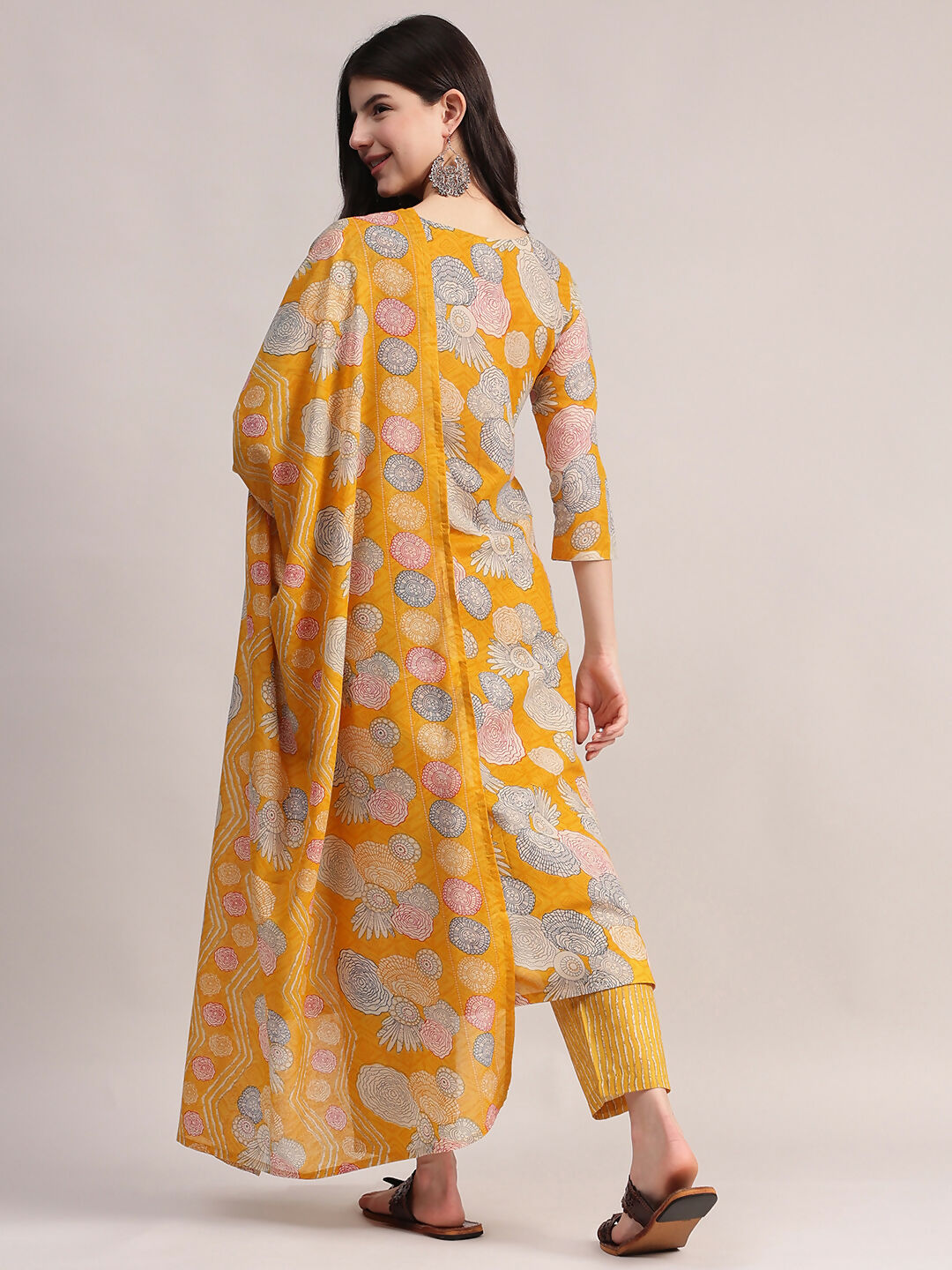 Aavyora Women Yellow Floral Printed Kurta with Striped Pants & Dupatta Set