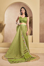 Vastranavya Mehendi Digital Printed Linen Ready To Wear Designer Saree with Unstitched Blouse - Distacart