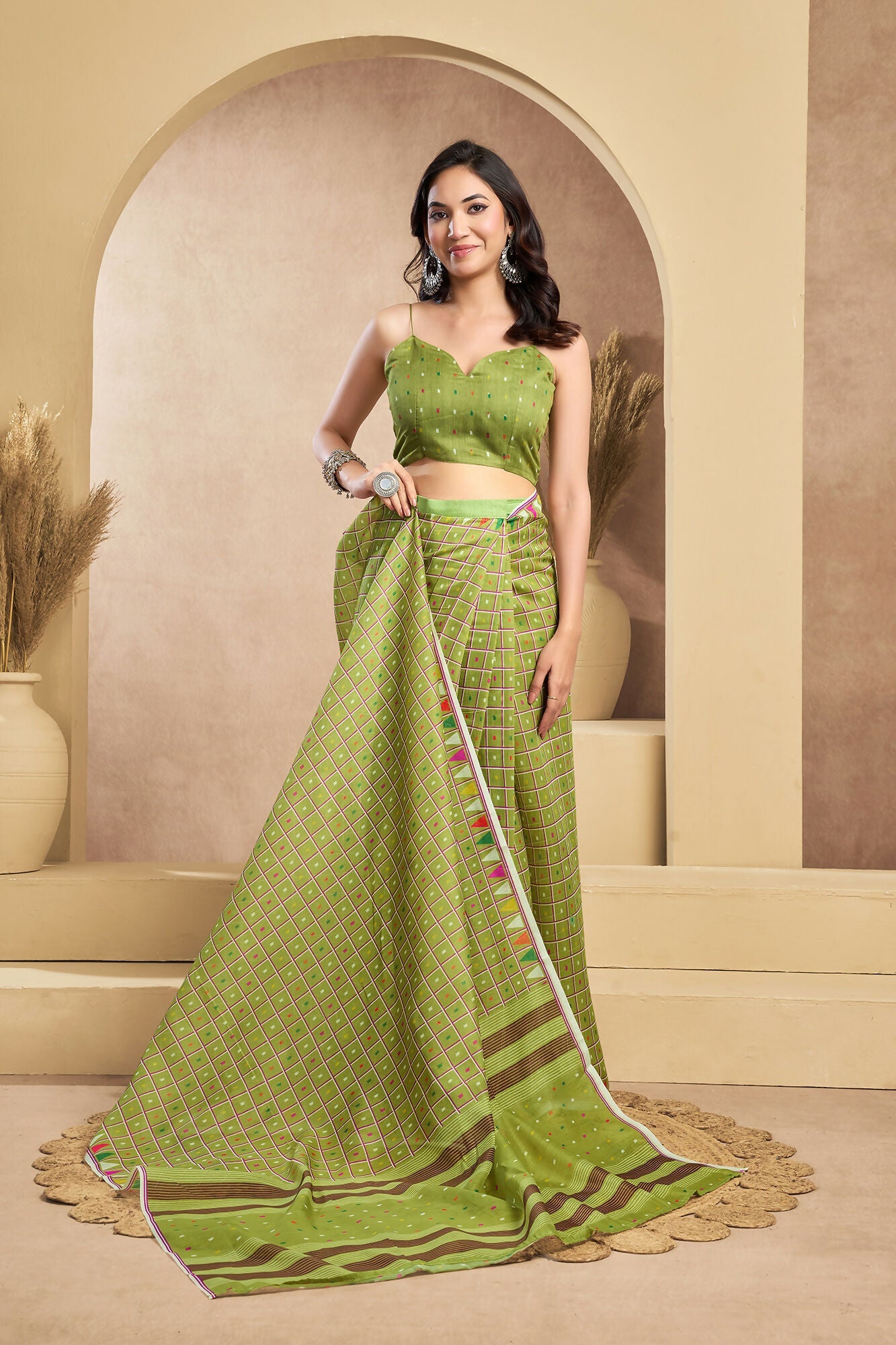 Vastranavya Mehendi Digital Printed Linen Ready To Wear Designer Saree with Unstitched Blouse - Distacart