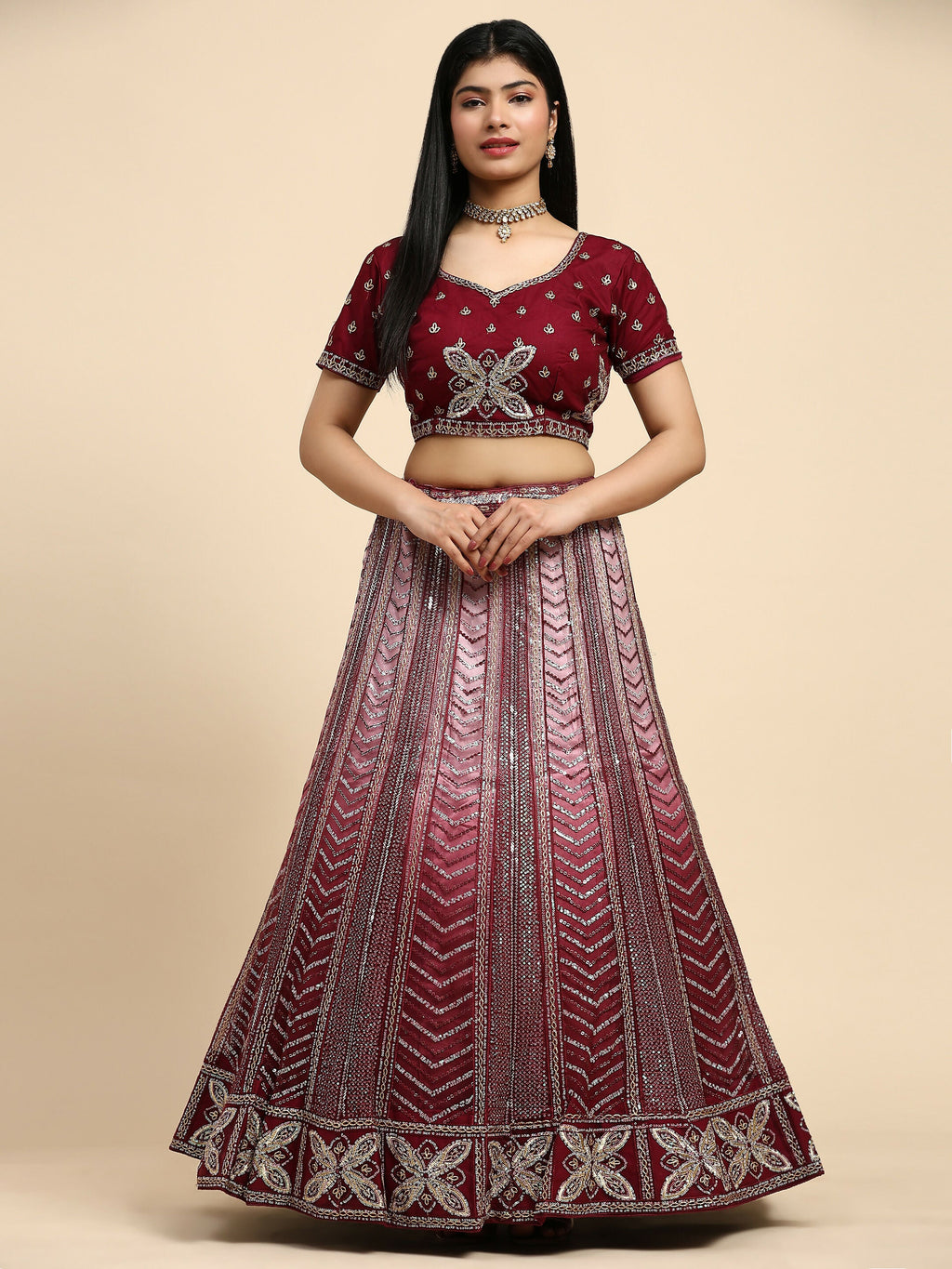 Maroon Fancy Net Sequence Embroidered Lehenga Choli with Dupatta - Dhara