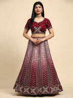 Maroon Fancy Net Sequence Embroidered Lehenga Choli with Dupatta - Dhara