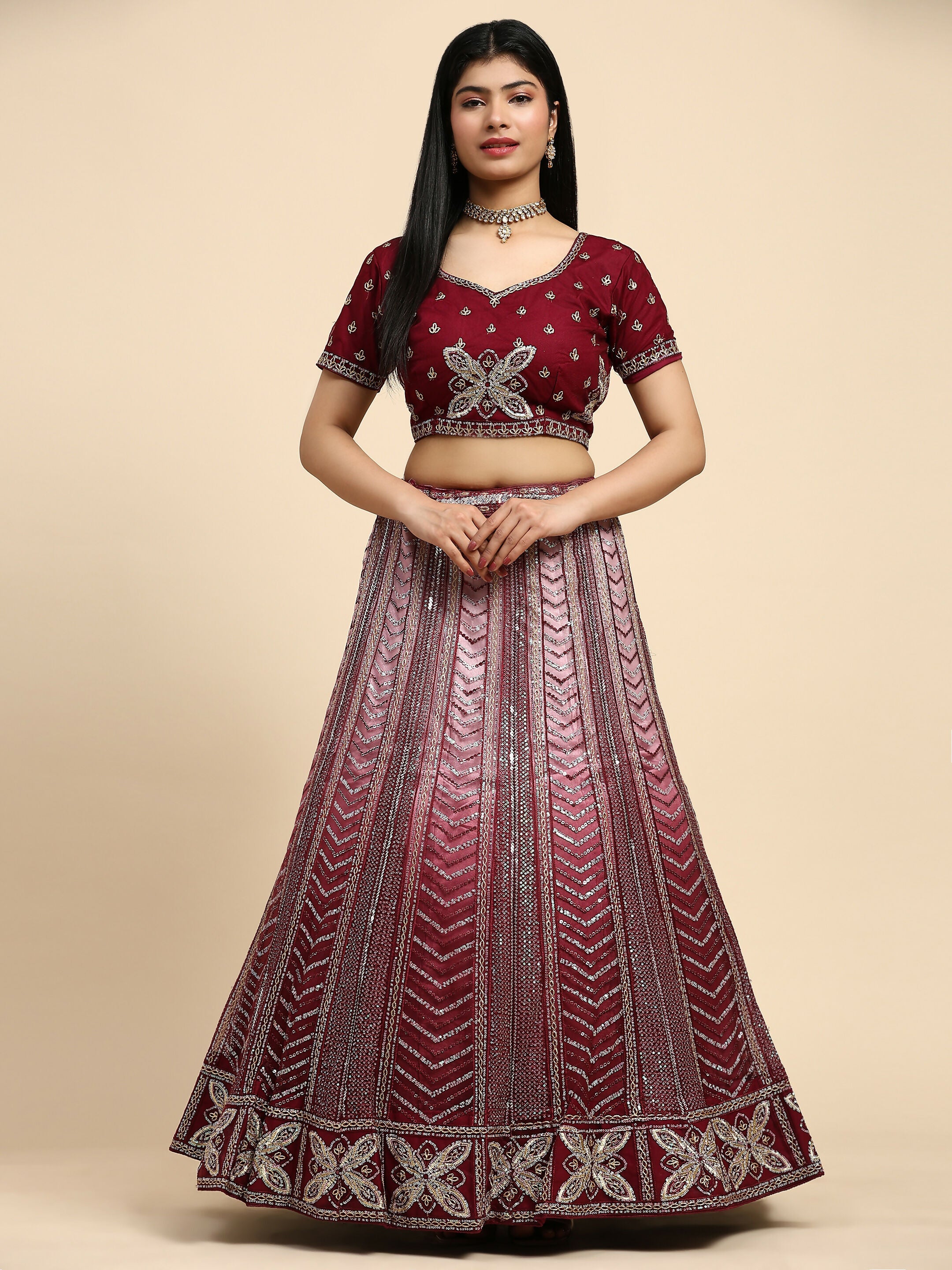 Maroon Fancy Net Sequence Embroidered Lehenga Choli with Dupatta - Dhara