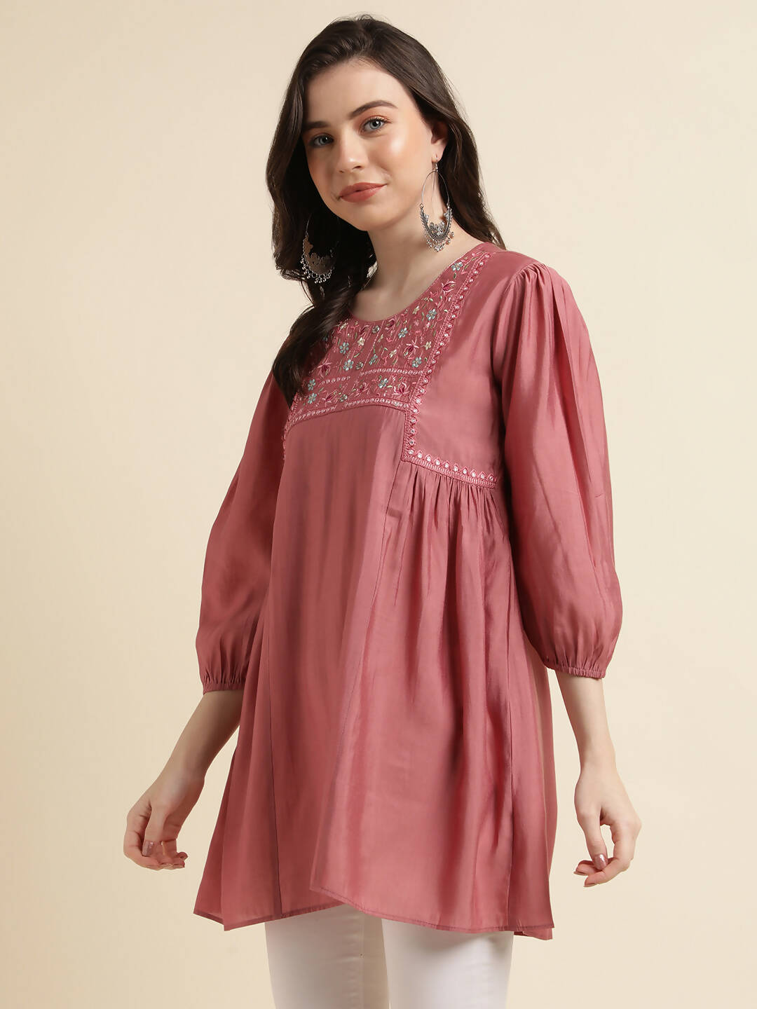 Pink Chinon Yoke Embroidered A-line Top - Tarini