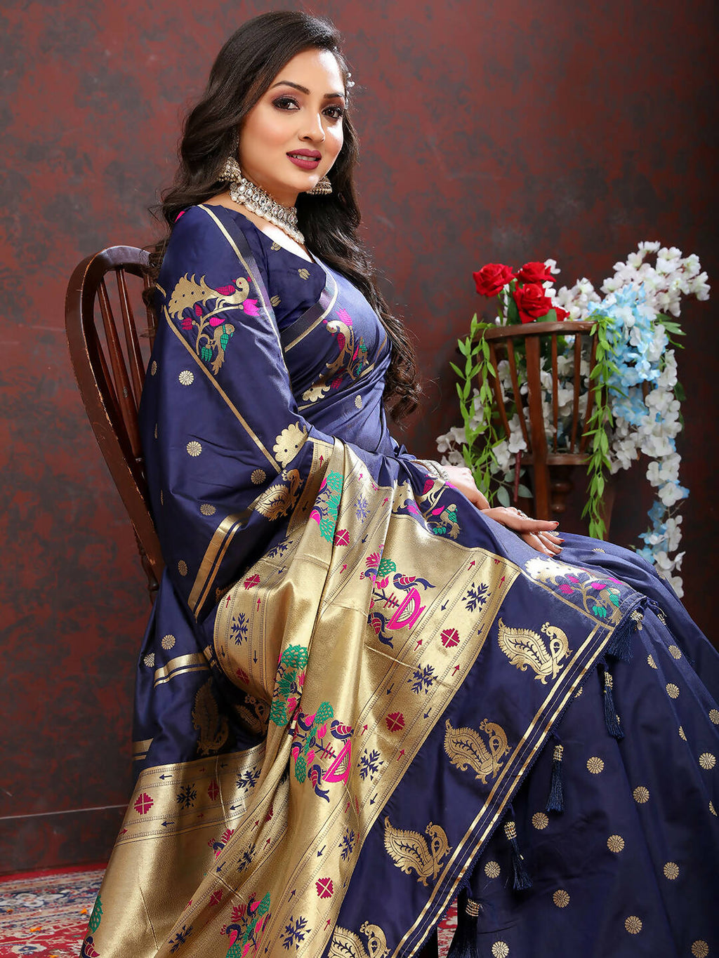 Lorenvalley Fashion Navyblue Soft Paithani Silk Woven Design Gold Zari Meenakari Weaving Saree