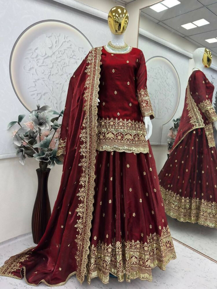 Teeya Creation Maroon Color Fendy Satin Heavy Embroidery Work Wedding Wear Stitched Lehenga Choli - Distacart