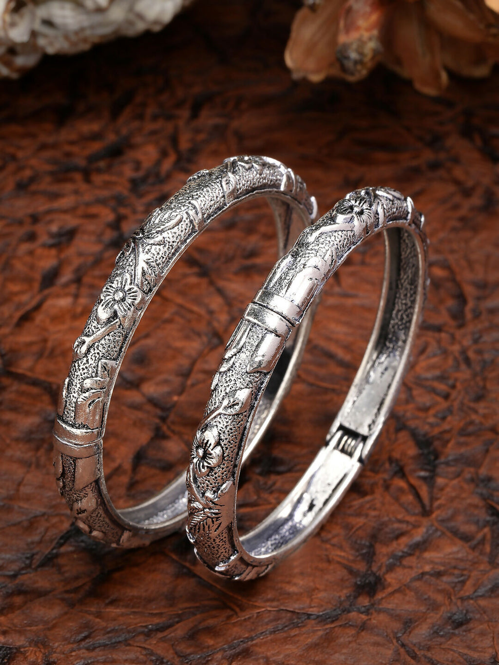 NVR Women's Silver-Toned German Silver Floral Oxidised Kada Bangle - Distacart