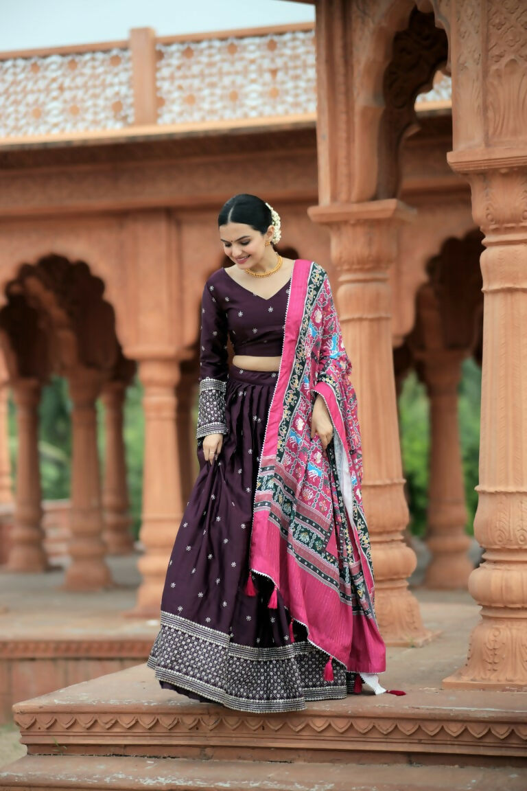 Vastranavya Navaratri Collection Myra Silk Lehenga & Blouse With Maslin Crochet Printed Dupatta Set - Wine
