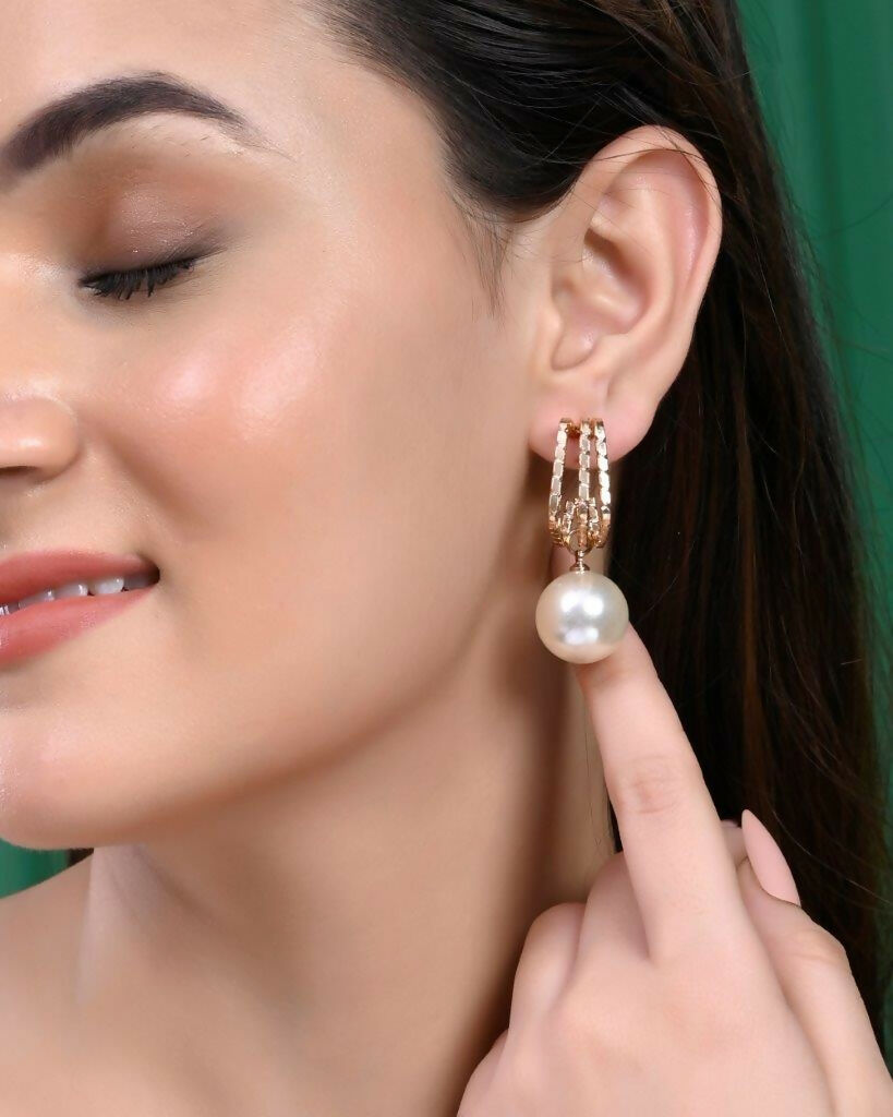 VOJ Set Of 2 Korean Drop Earrings - Gold Plated and Silver Plated With White Pearl - Distacart