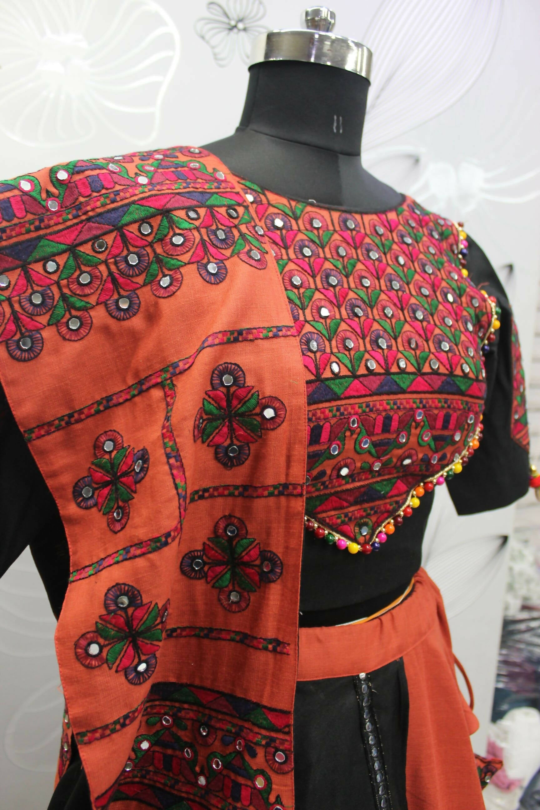 Orange Cotton Thread Embroidered Navratri Lehenga Choli with Dupatta - Raas
