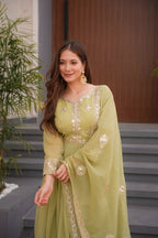 Teeya Creation Olive Color Crunchy Silk Wedding Wear Embroidery Work Long Gown - Distacart