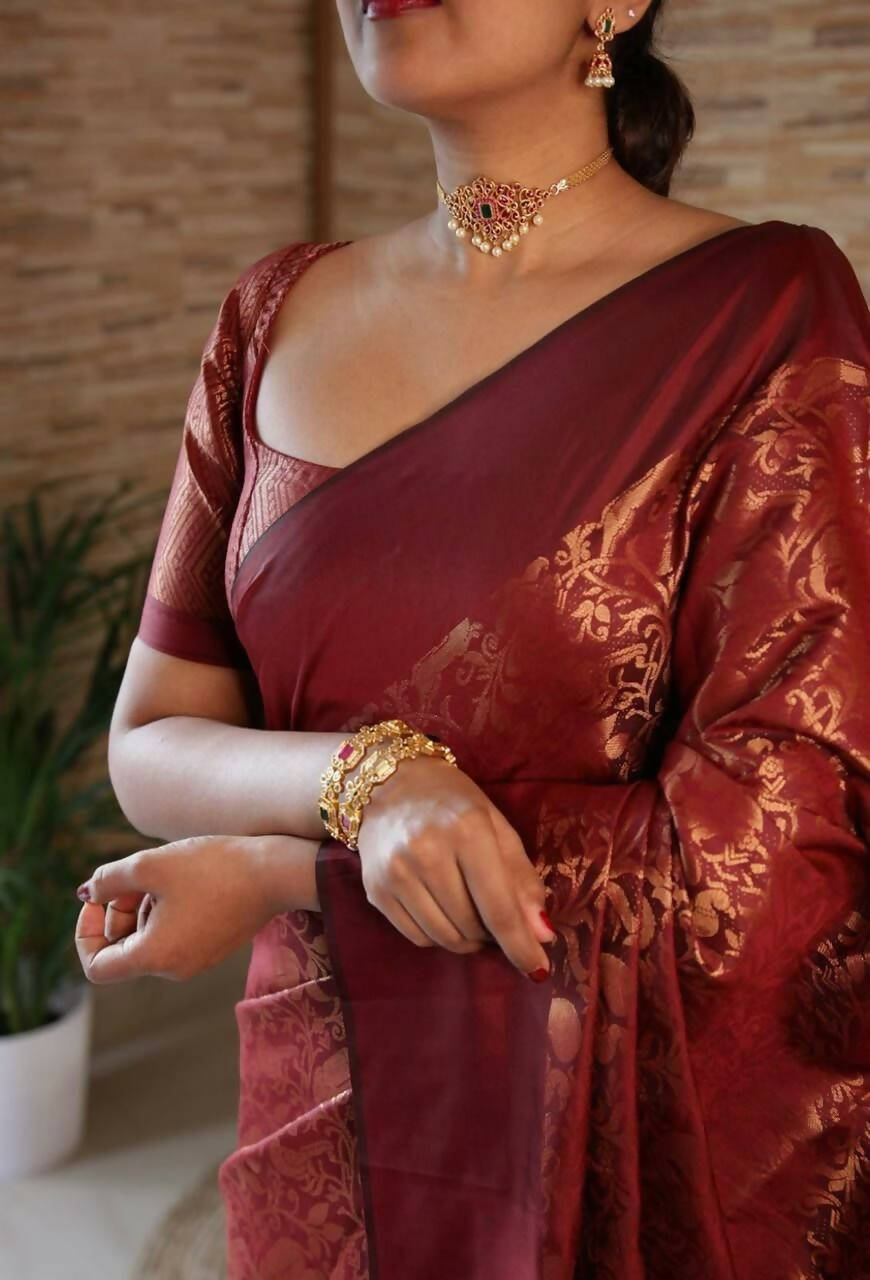 DEIANA'S Beautiful Designer Golden zari Soft Lichi Silk Saree - Brown