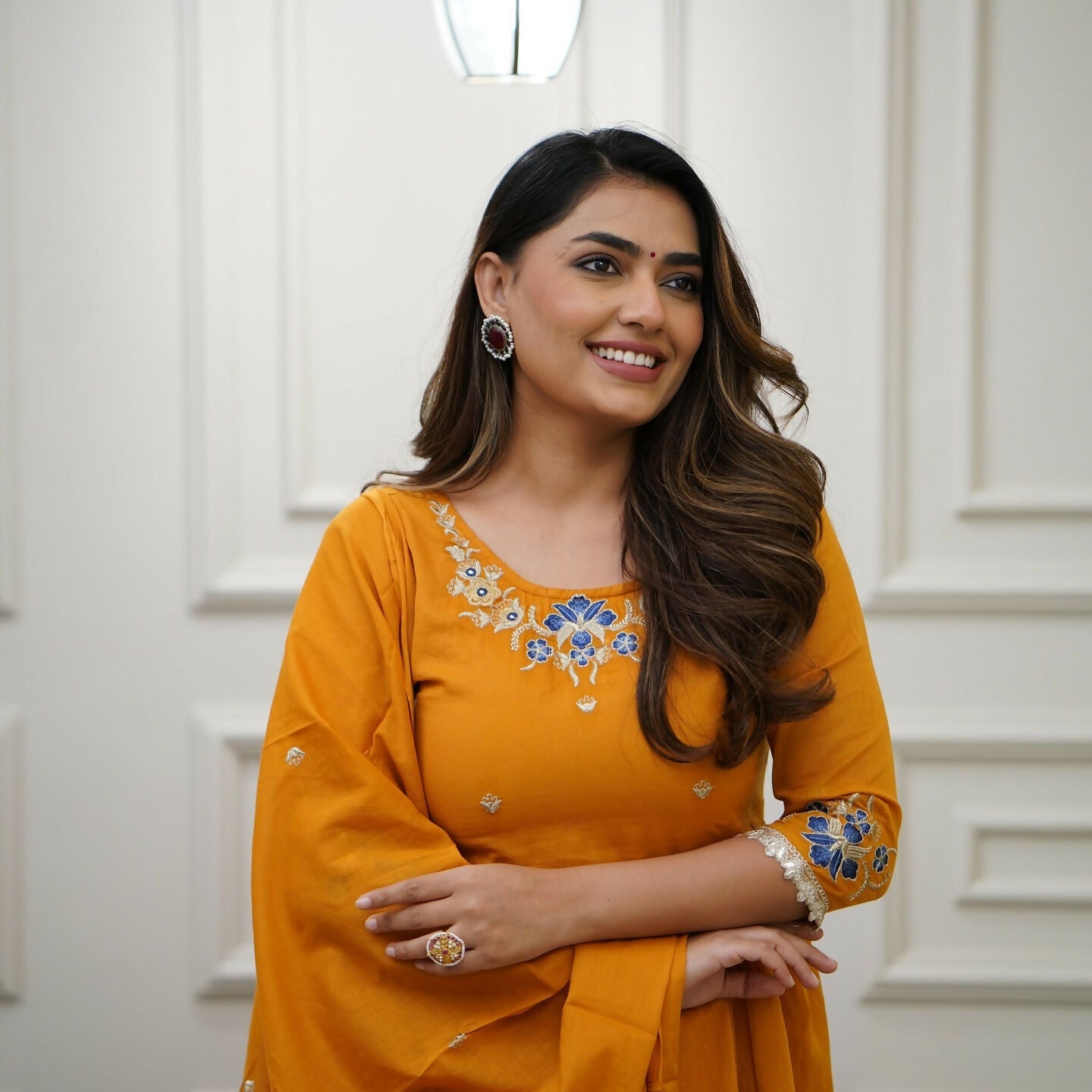 The52 Orange Women's Gorgeous Viscose Fabric Embroidered Work Flared Kurta Pant and Dupatta Set - Distacart