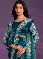Light Blue Crepe Satin Silk Embroidered Saree With Stitched Blouse - Mohmanthan Exotica