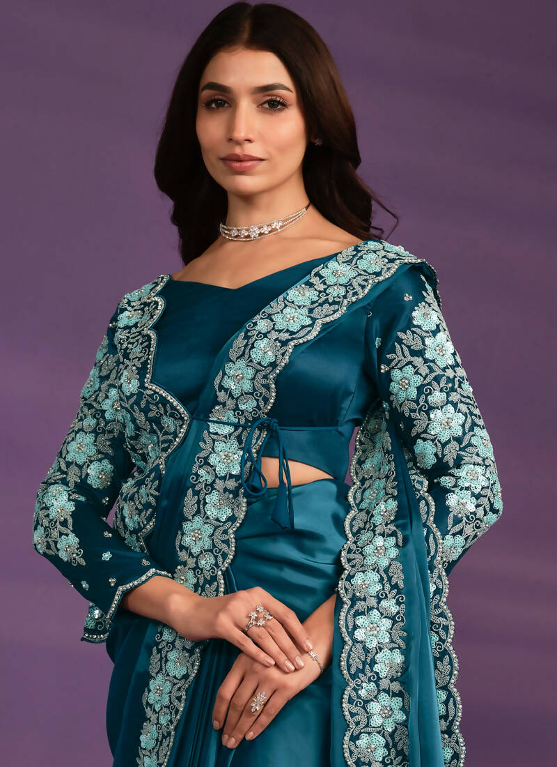 Light Blue Crepe Satin Silk Embroidered Saree With Stitched Blouse - Mohmanthan Exotica