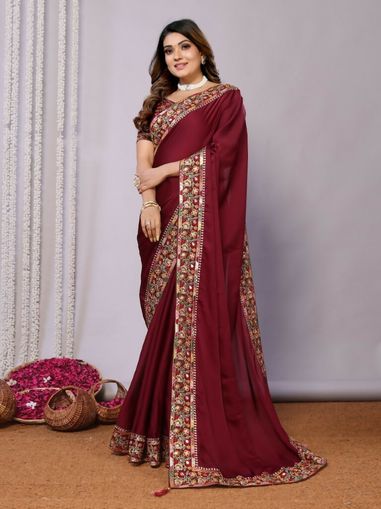 Maroon Silk Georgette Resham And Zari Embroidery Saree - Norita Saumya