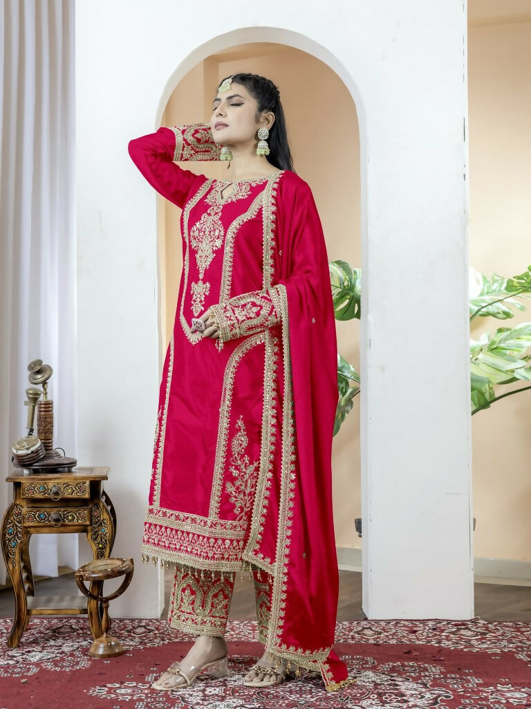 Teeya Creation Red Color Chinnon Silk Embroidery Work Fully Stitched Salwar Suit - Distacart