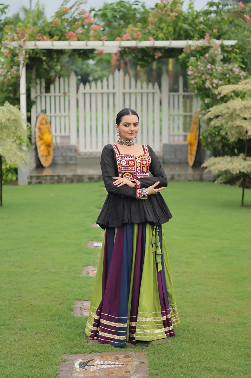 Teeya Creation Multi Colour Reyon Silk Gamathi Work Navratri lehenga Choli