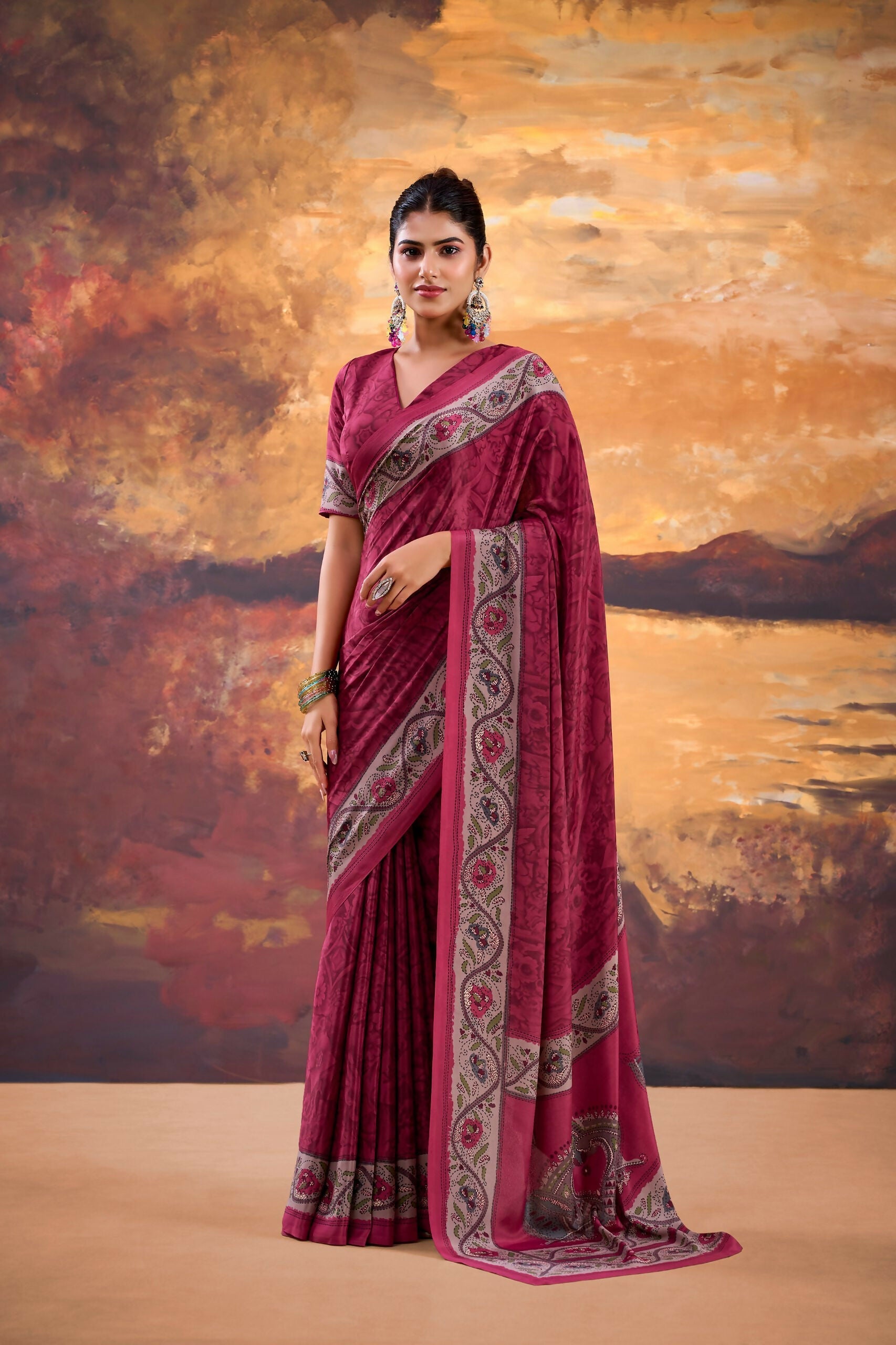 Vastranavya Pink Crepe Printed Saree with Unstitched Blouse - Distacart