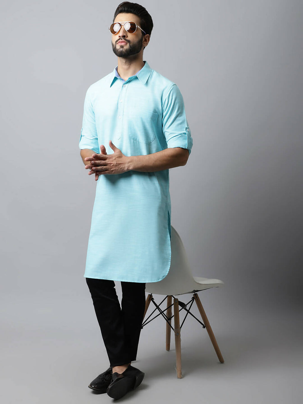 Even Apparels Blue Color Pure Cotton Solid Men's Kurta With Shirt Collar (SLD1132) - Distacart