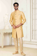 Raivat Ethnic Banarasi Jacquard Embroidery Semi Indo Western Sherwani In Cream Beige Colour